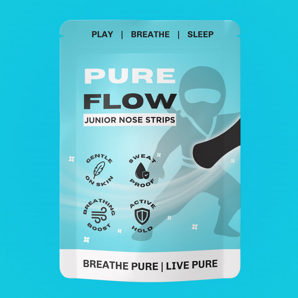 Pure Flow junior nose strips packaging on a blue background