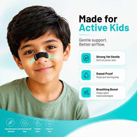 Child wearing a nasal strip with text 'Made for Active Kids' and features listed on a light blue background