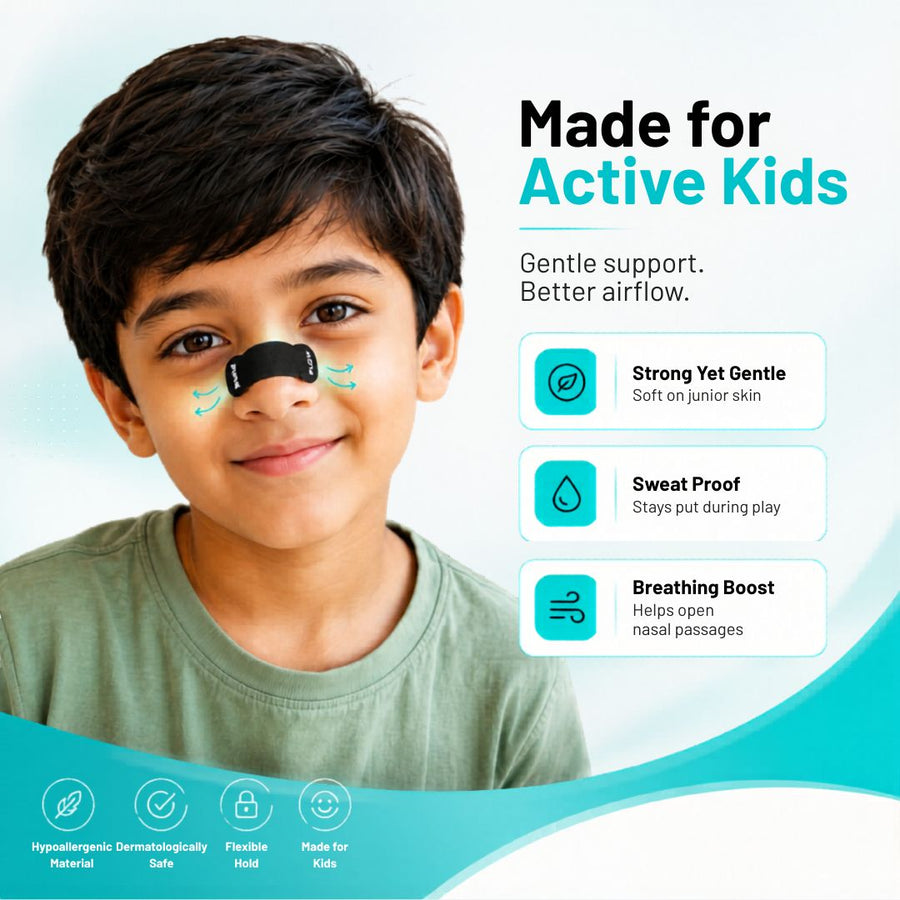 Child wearing a nasal strip with text 'Made for Active Kids' and features listed on a light blue background