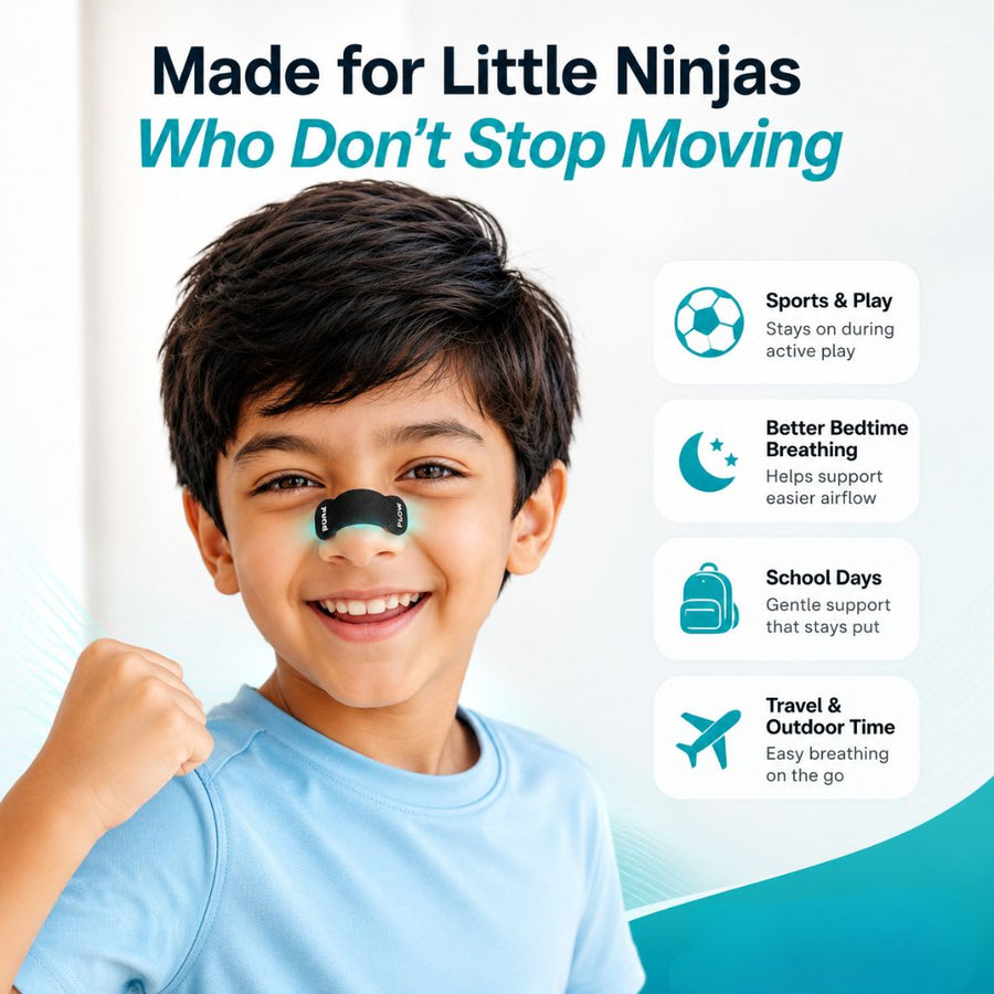 Child wearing nasal strip with text 'Made for Little Ninjas Who Don't Stop Moving' and features listed on the right.