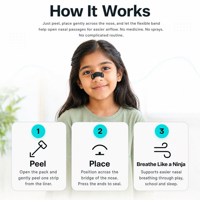 Young girl wearing a nasal strip with instructions on how to use it.