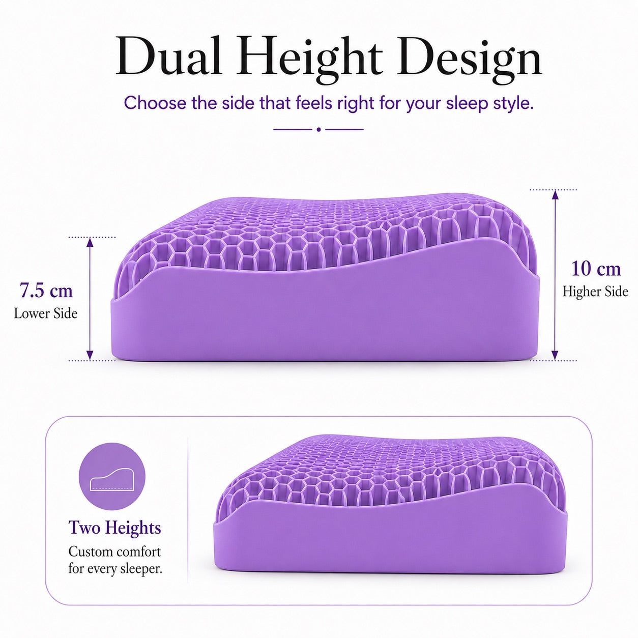 Side profile of the Purple Grid Pillow showing a 7.5 centimetre lower edge and a 10 centimetre higher edge